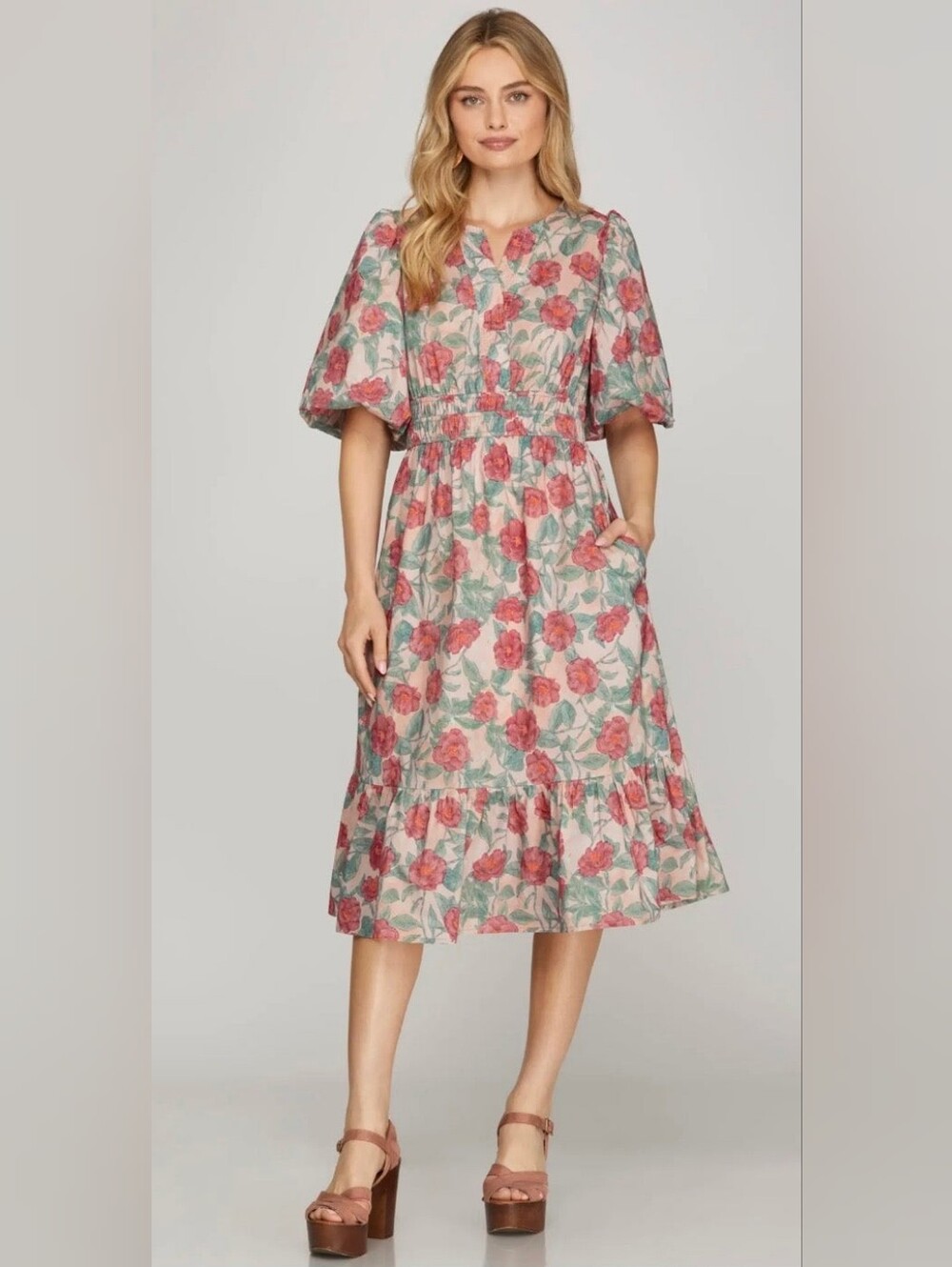 She + Sky Pink Rose-Print V-Neck Midi Dress